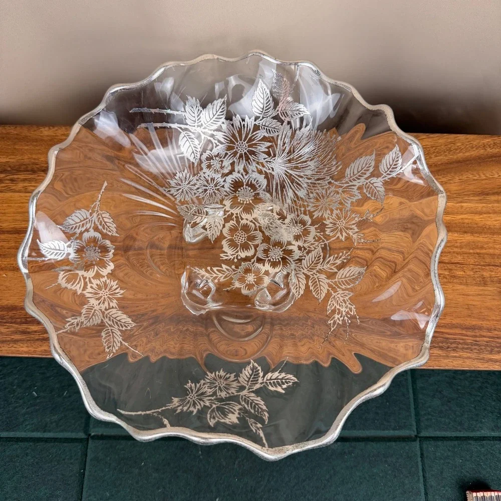 Vintage Silver Overlay Glass Footed Bowl Scalloped Floral Centerpiece 11 Inch